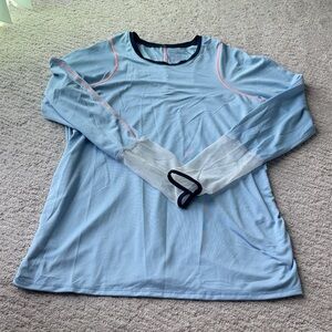Lucky in Love Light Blue Performance Top with Navy Trim and Pink Accents
